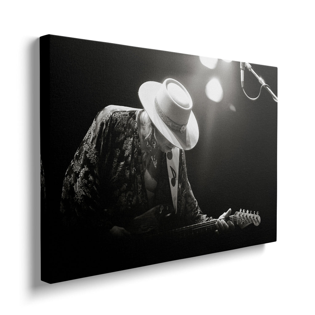Gallery-wrapped canvas of the Stevie Ray Vaughan 1985 Laramie black and white portrait