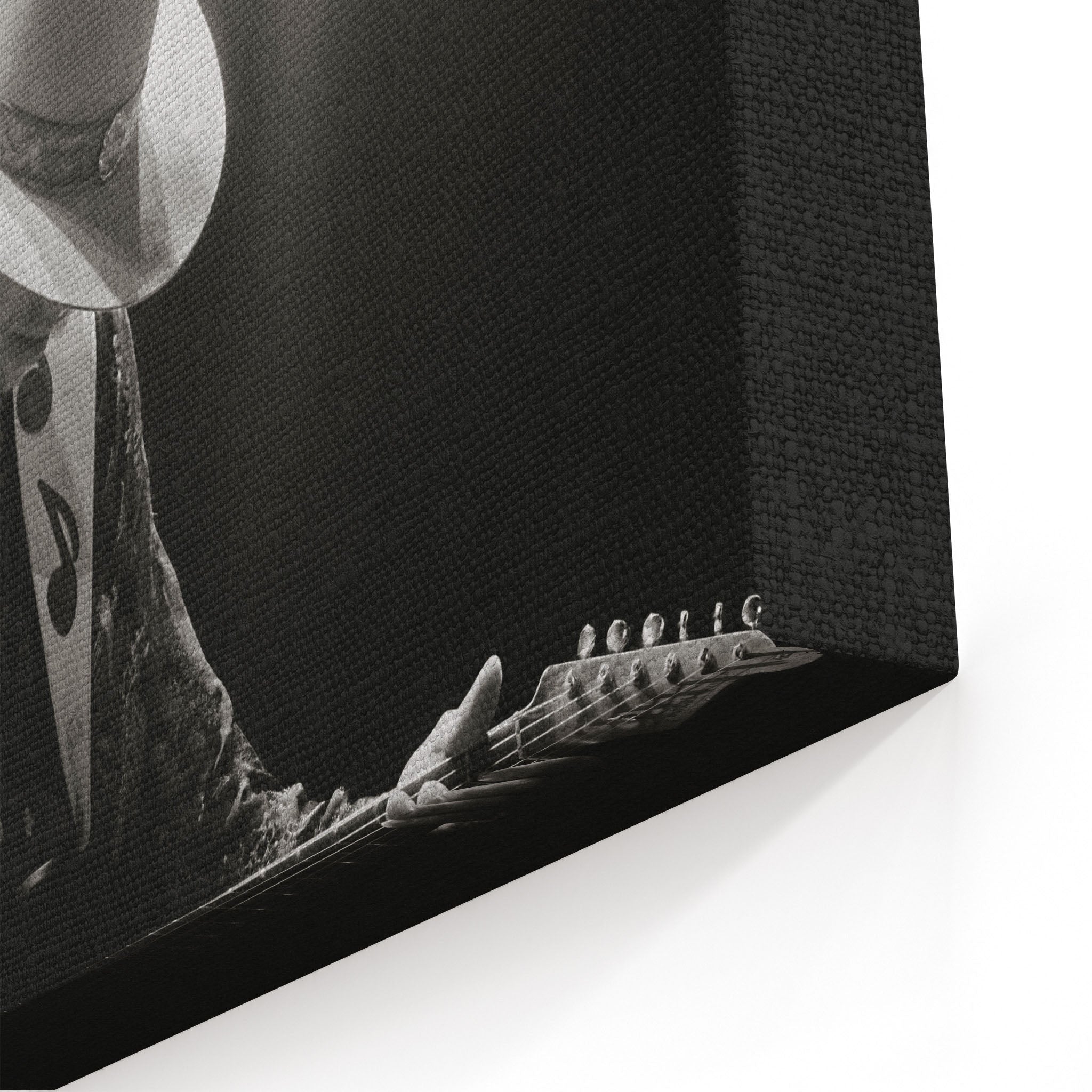 Close-up of the gallery-wrapped canvas edge on the Stevie Ray Vaughan 1985 Laramie black and white print
