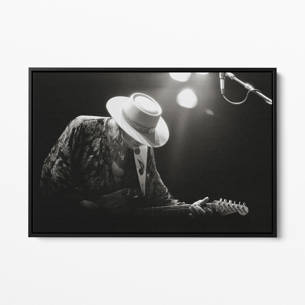 Front view of the Stevie Ray Vaughan 1985 Laramie black and white canvas in a black floating frame