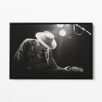 Front view of the Stevie Ray Vaughan 1985 Laramie black and white canvas in a black floating frame