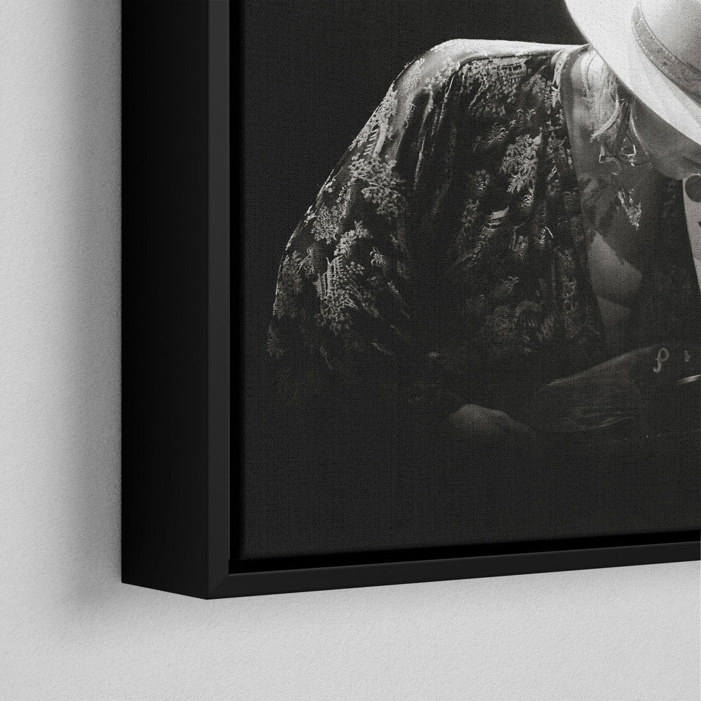 Corner close-up of the black floating frame on the Stevie Ray Vaughan 1985 Laramie black and white canvas