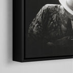 Corner close-up of the black floating frame on the Stevie Ray Vaughan 1985 Laramie black and white canvas
