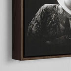 Corner close-up of the dark walnut floating frame on the Stevie Ray Vaughan 1985 Laramie black and white canvas