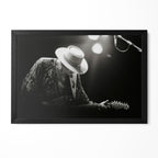 Stevie Ray Vaughan 1985 Laramie Wyoming black and white blues concert portrait in a classic black poster frame