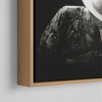 Corner close-up of the natural oak floating frame on the Stevie Ray Vaughan 1985 Laramie black and white canvas