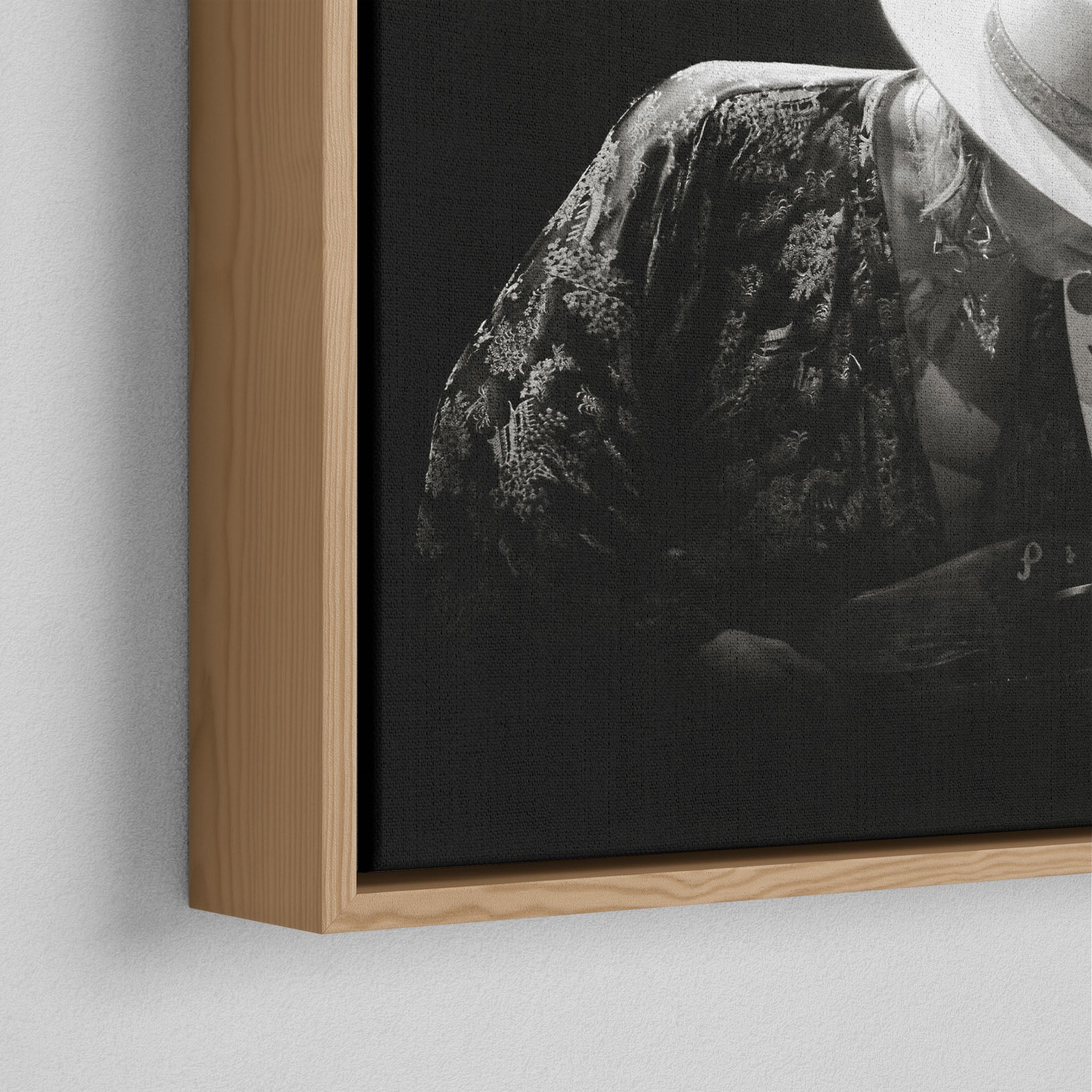 Corner close-up of the natural oak floating frame on the Stevie Ray Vaughan 1985 Laramie black and white canvas