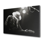 Stevie Ray Vaughan 1985 Laramie Wyoming black and white blues concert portrait on sleek aluminium metal