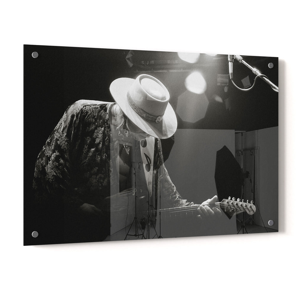 Stevie Ray Vaughan 1985 Laramie Wyoming black and white blues concert portrait on glossy acrylic glass