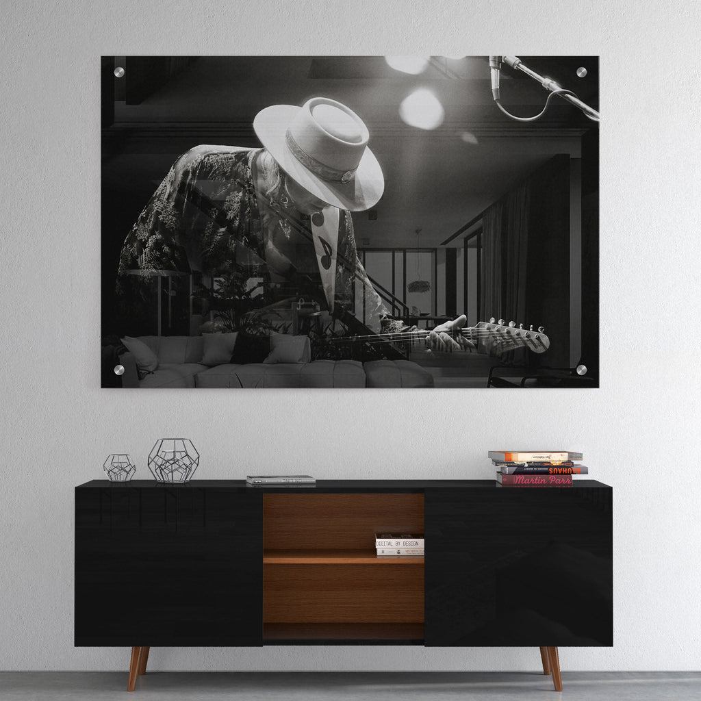 High-gloss acrylic print of the Stevie Ray Vaughan 1985 Laramie black and white portrait