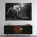 High-gloss acrylic print of the Stevie Ray Vaughan 1985 Laramie black and white portrait