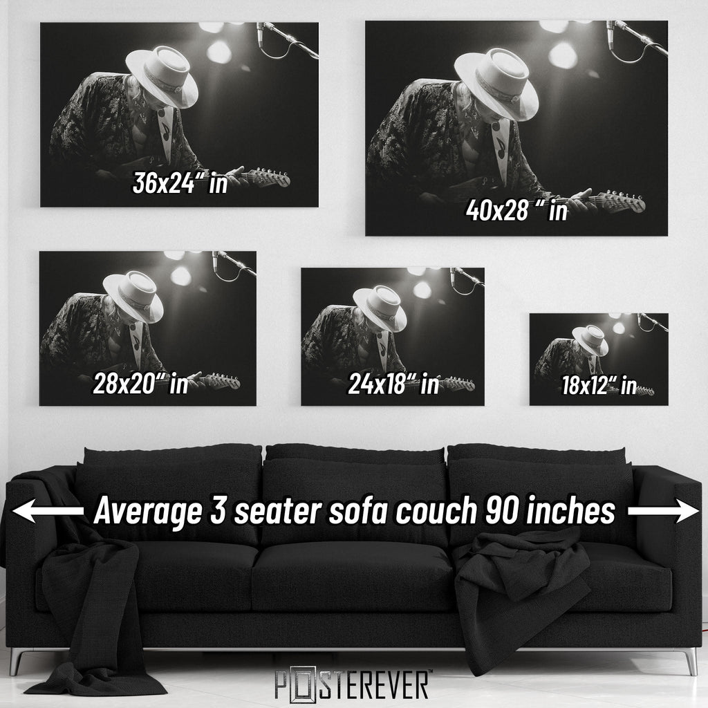 Wall art size comparison chart displaying multiple print dimensions above an average 3-seater sofa