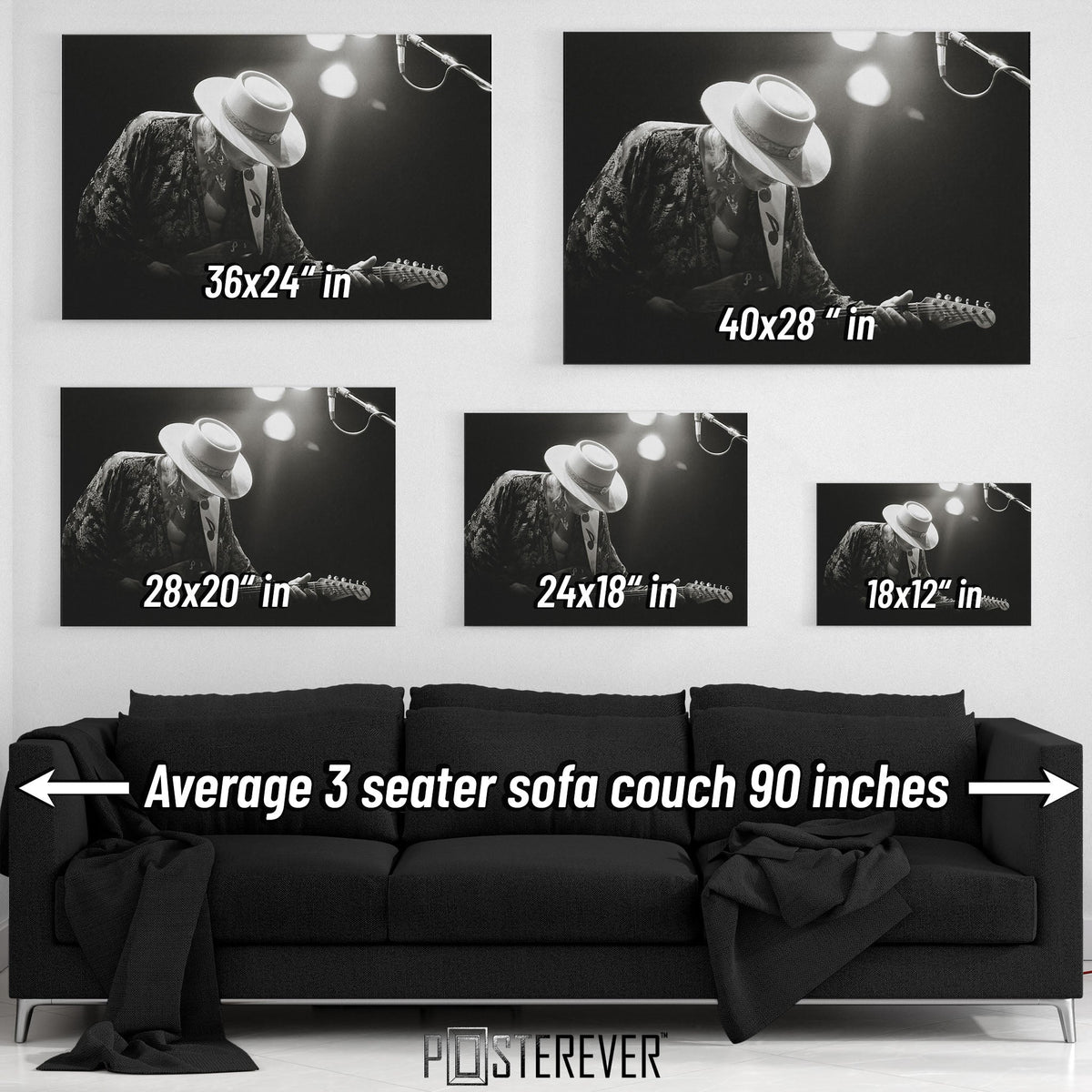Stevie Ray Vaughan 'Soul to Soul' 1985 Laramie, Wyoming Live – University of Wyoming – Black & White Edition | Texas Blues Icon Wall Art Print — size guide