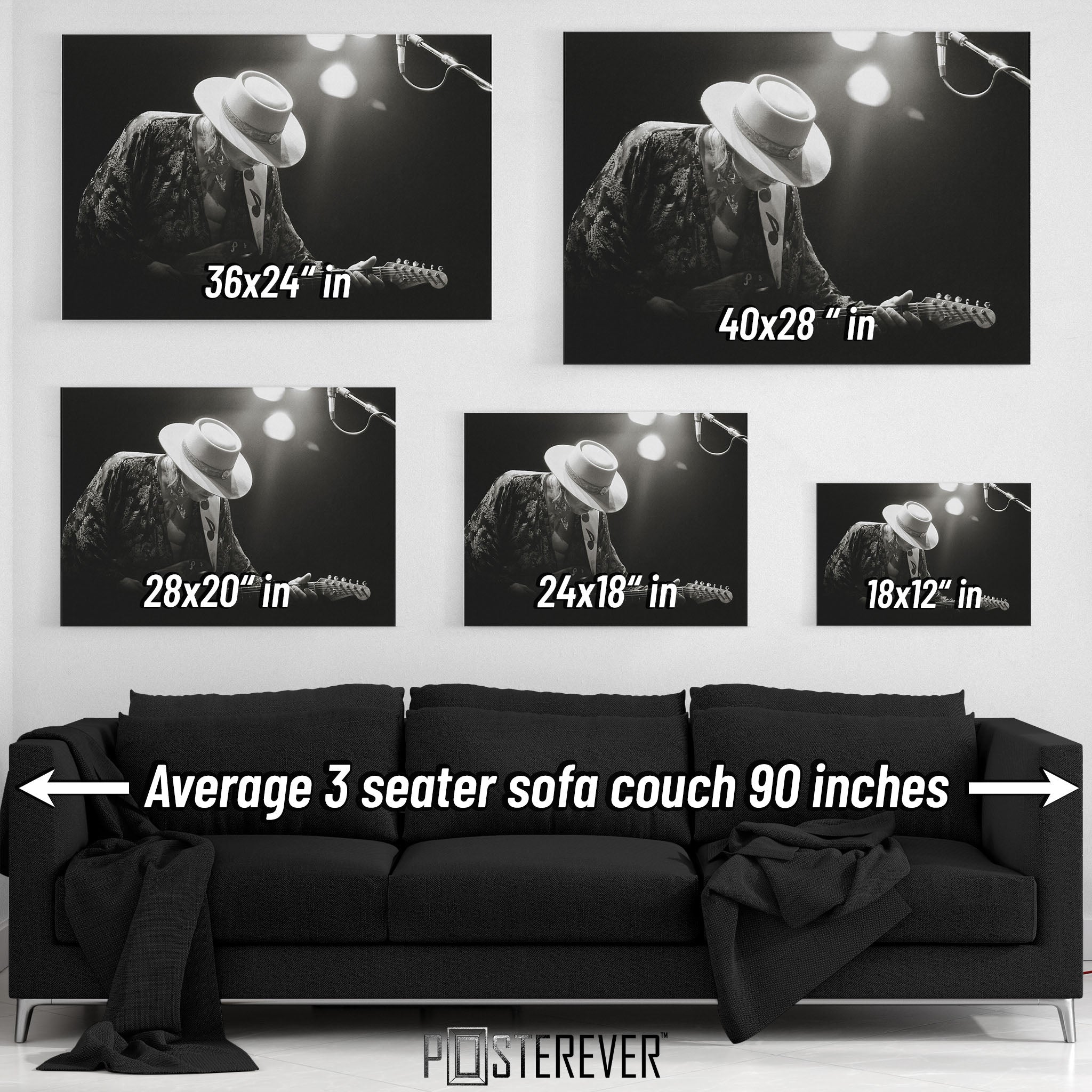 Wall art size comparison chart displaying multiple print dimensions above an average 3-seater sofa
