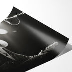 Angled close-up of the unframed Stevie Ray Vaughan 1985 Laramie black and white concert poster showing paper detail