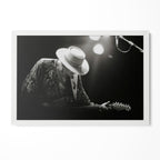 Stevie Ray Vaughan 1985 Laramie Wyoming black and white blues concert portrait in a classic white poster frame