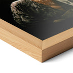 Corner close-up of the Stevie Ray Vaughan 1985 Laramie colorized poster in a natural oak frame