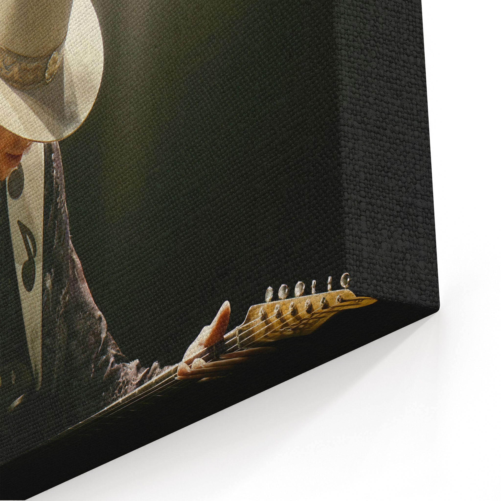 Close-up of the gallery-wrapped canvas edge on the Stevie Ray Vaughan 1985 Laramie colorized print