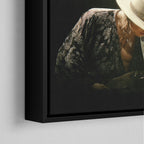 Corner close-up of the black floating frame on the Stevie Ray Vaughan 1985 Laramie colorized canvas