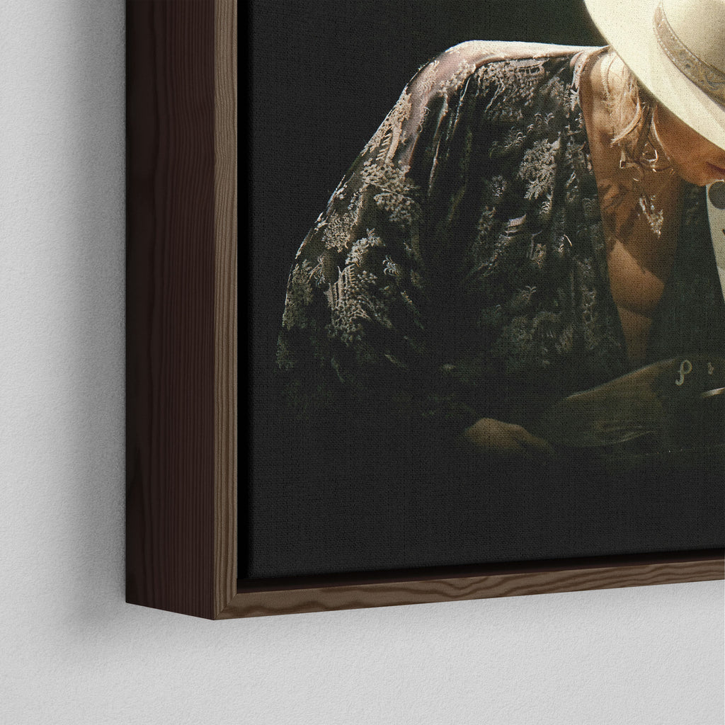 Corner close-up of the dark walnut floating frame on the Stevie Ray Vaughan 1985 Laramie colorized canvas