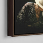 Corner close-up of the dark walnut floating frame on the Stevie Ray Vaughan 1985 Laramie colorized canvas