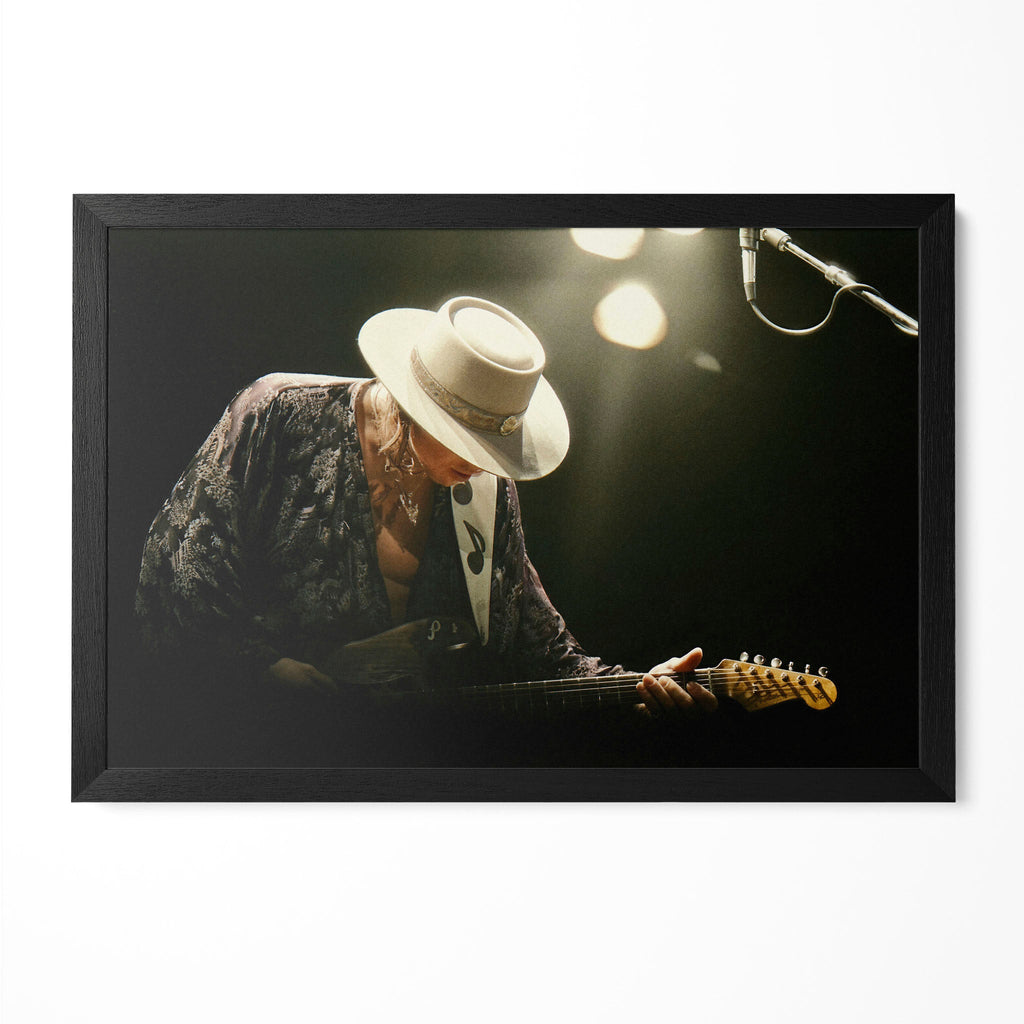 Stevie Ray Vaughan 1985 Laramie Wyoming colorized blues concert portrait in a classic black poster frame