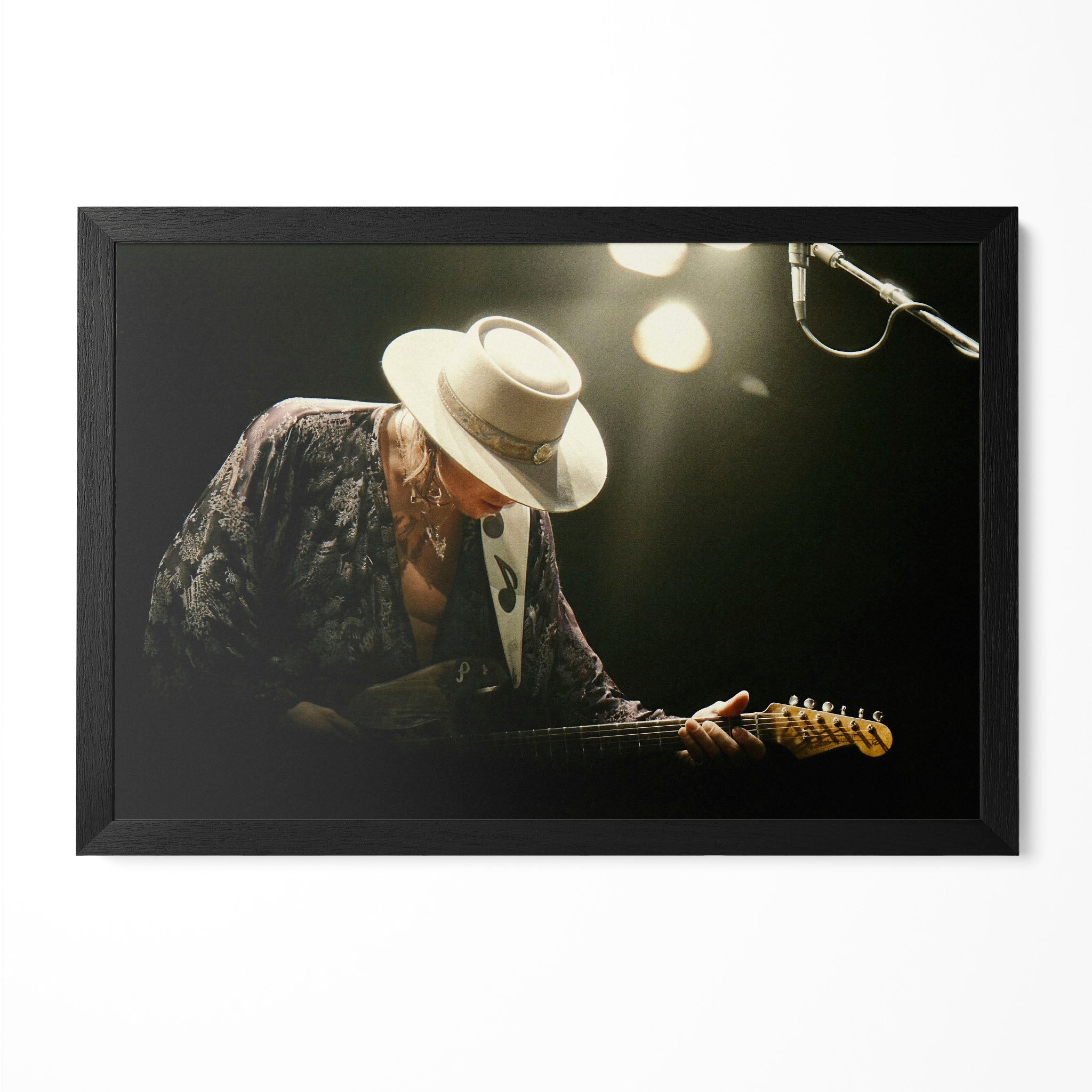 Stevie Ray Vaughan 1985 Laramie Wyoming colorized blues concert portrait in a classic black poster frame