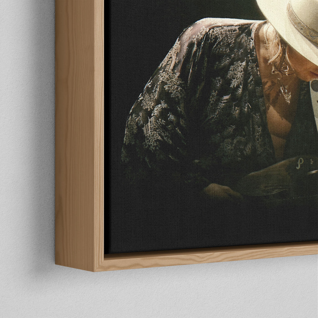 Corner close-up of the natural oak floating frame on the Stevie Ray Vaughan 1985 Laramie colorized canvas