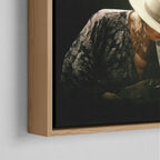 Corner close-up of the natural oak floating frame on the Stevie Ray Vaughan 1985 Laramie colorized canvas