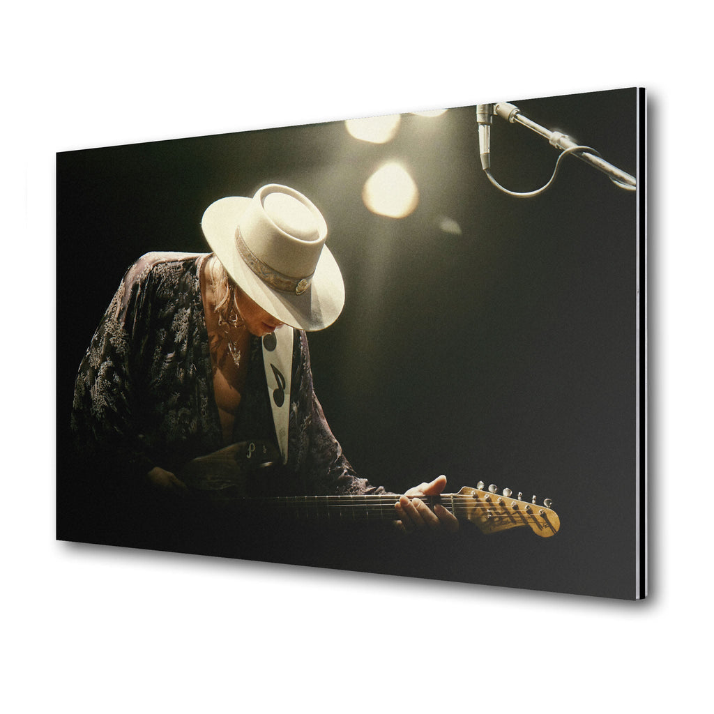 Stevie Ray Vaughan 1985 Laramie Wyoming colorized blues concert portrait on sleek aluminium metal