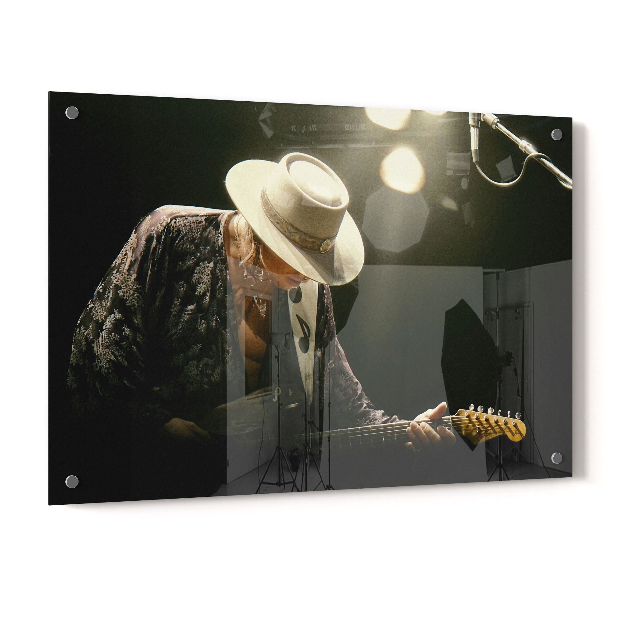 Stevie Ray Vaughan 1985 Laramie Wyoming colorized blues concert portrait on glossy acrylic glass