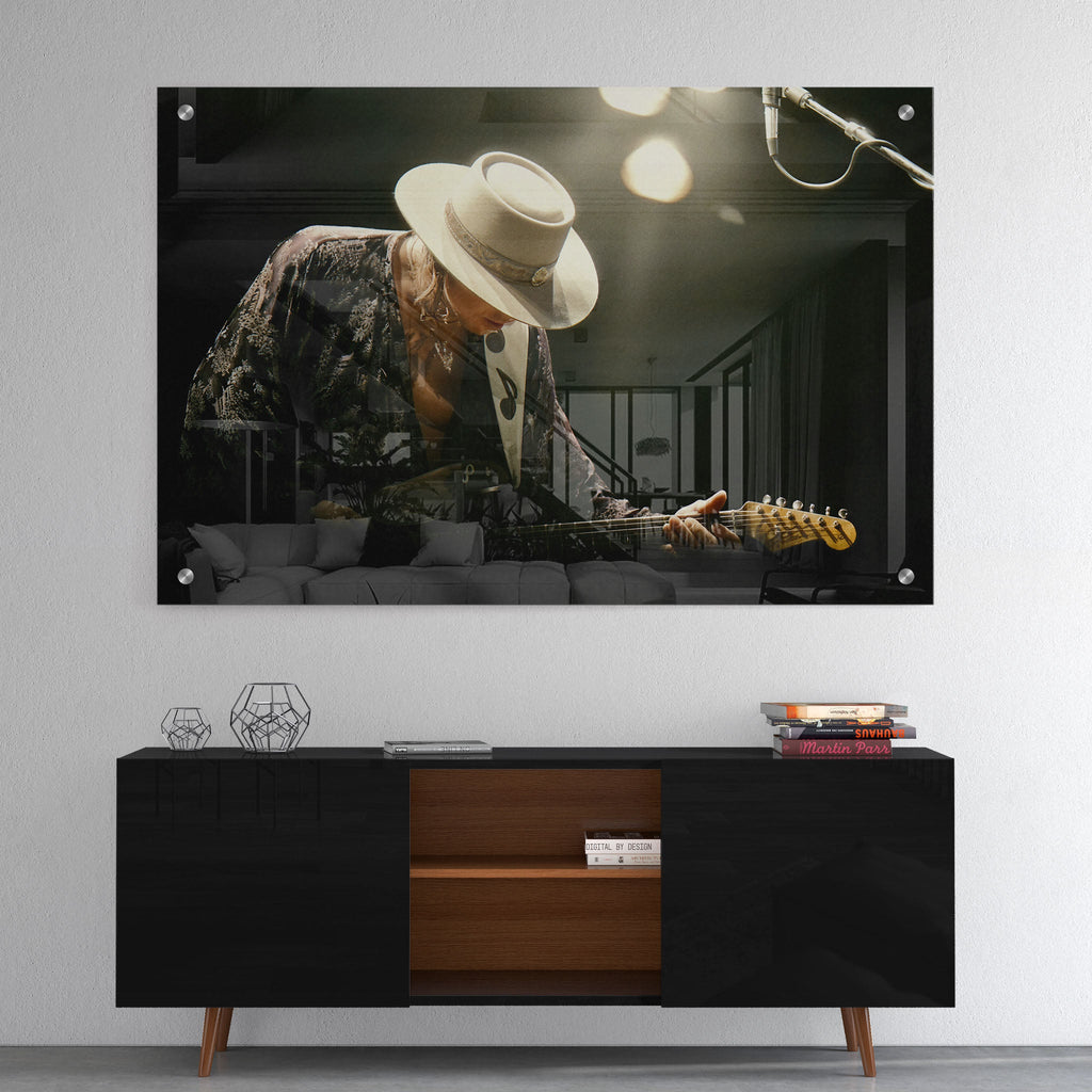 High-gloss acrylic print of the Stevie Ray Vaughan 1985 Laramie colorized portrait