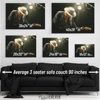 Wall art size comparison chart displaying multiple print dimensions above an average 3-seater sofa