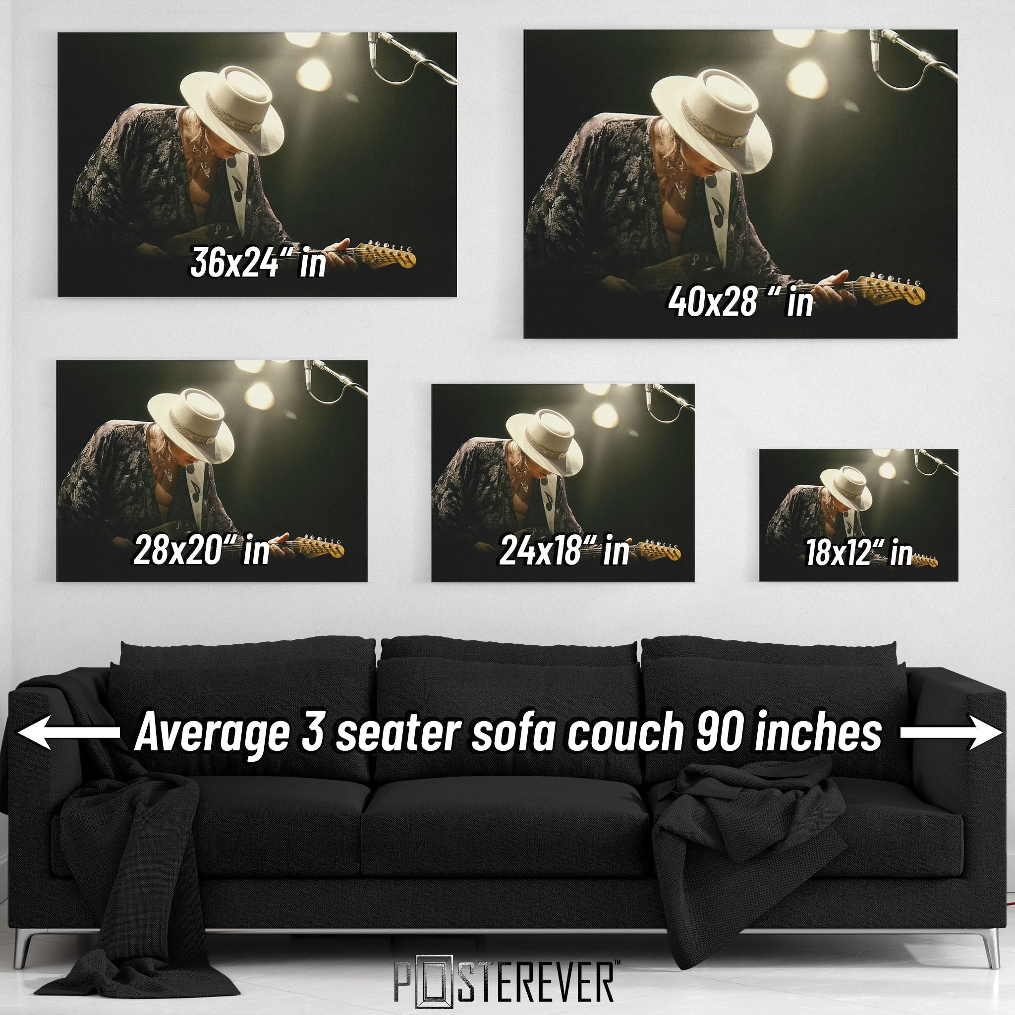 Wall art size comparison chart displaying multiple print dimensions above an average 3-seater sofa