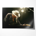 Stevie Ray Vaughan 1985 Soul to Soul Tour colorized concert portrait with Fender Stratocaster and wide-brimmed hat, unframed poster preview
