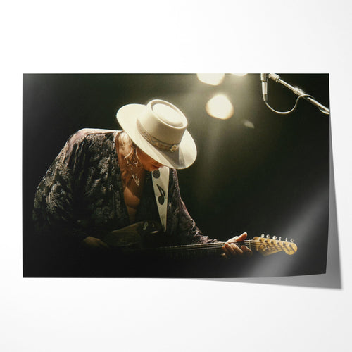Stevie Ray Vaughan 1985 Soul to Soul Tour colorized concert portrait with Fender Stratocaster and wide-brimmed hat, unframed poster preview