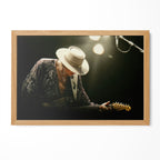Stevie Ray Vaughan 1985 Laramie Wyoming colorized blues concert portrait in a natural oak poster frame