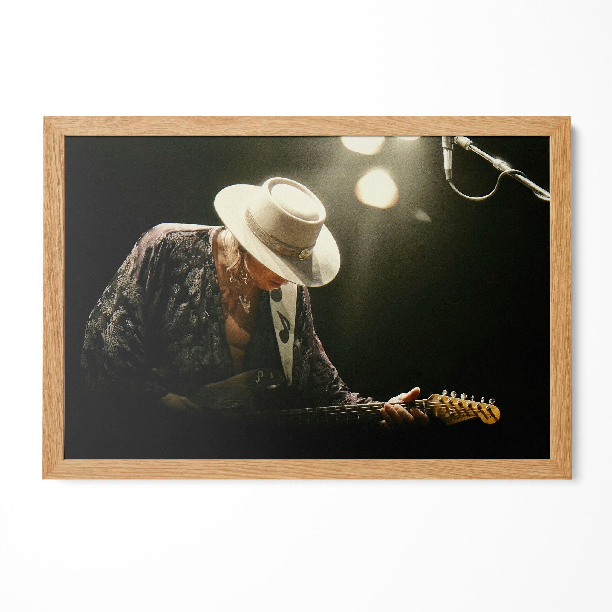 Stevie Ray Vaughan 1985 Laramie Wyoming colorized blues concert portrait in a natural oak poster frame