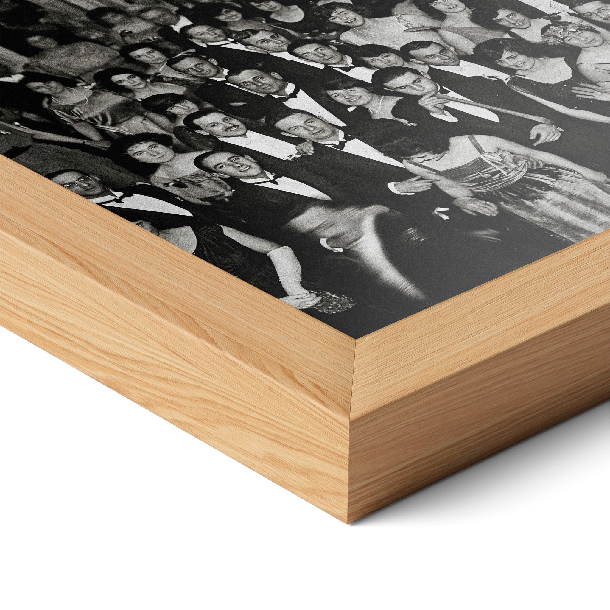 Corner close-up of the Shining Overlook Hotel 1921 black and white poster in a natural oak frame