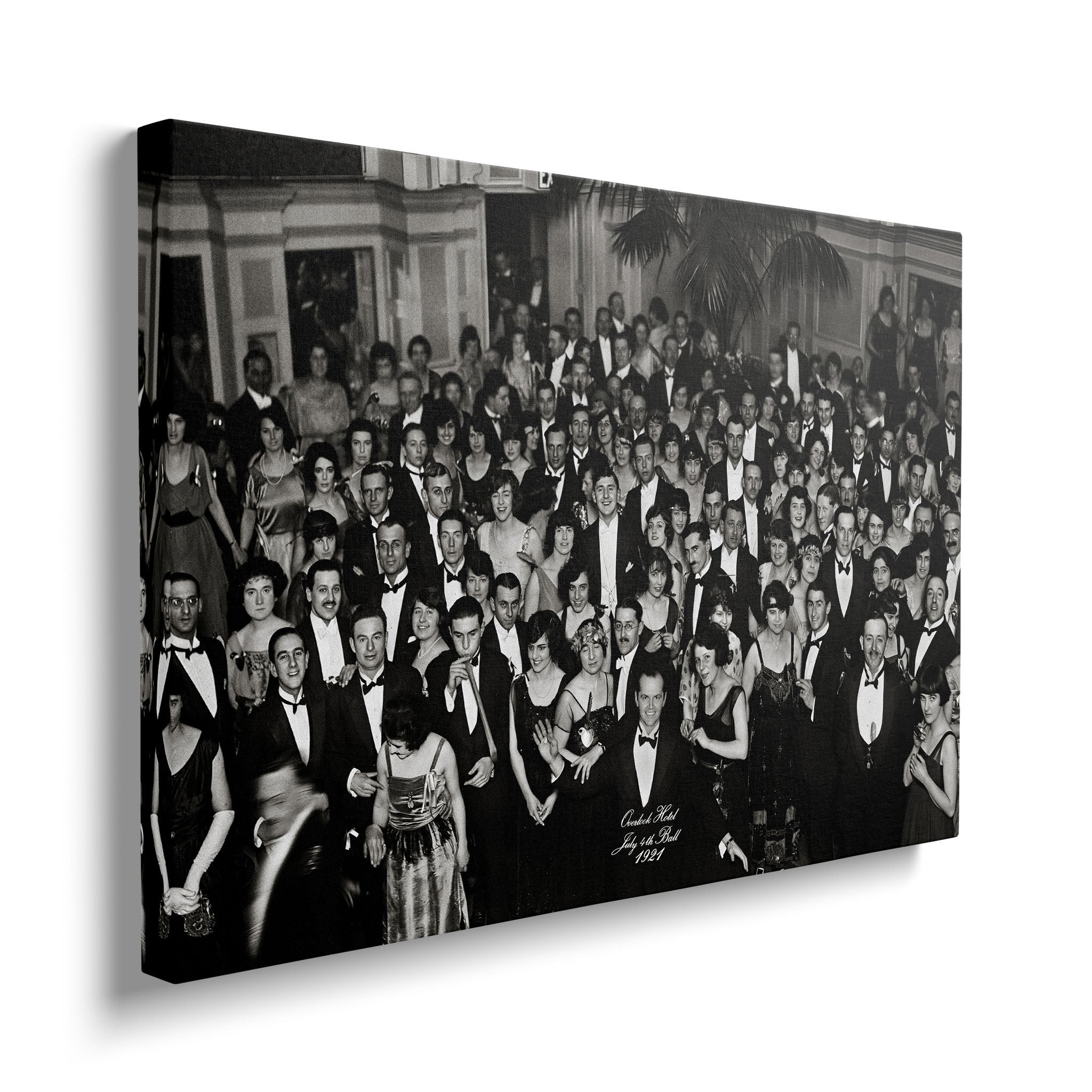 Gallery-wrapped canvas of the Shining Overlook Hotel 1921 black and white ballroom photograph