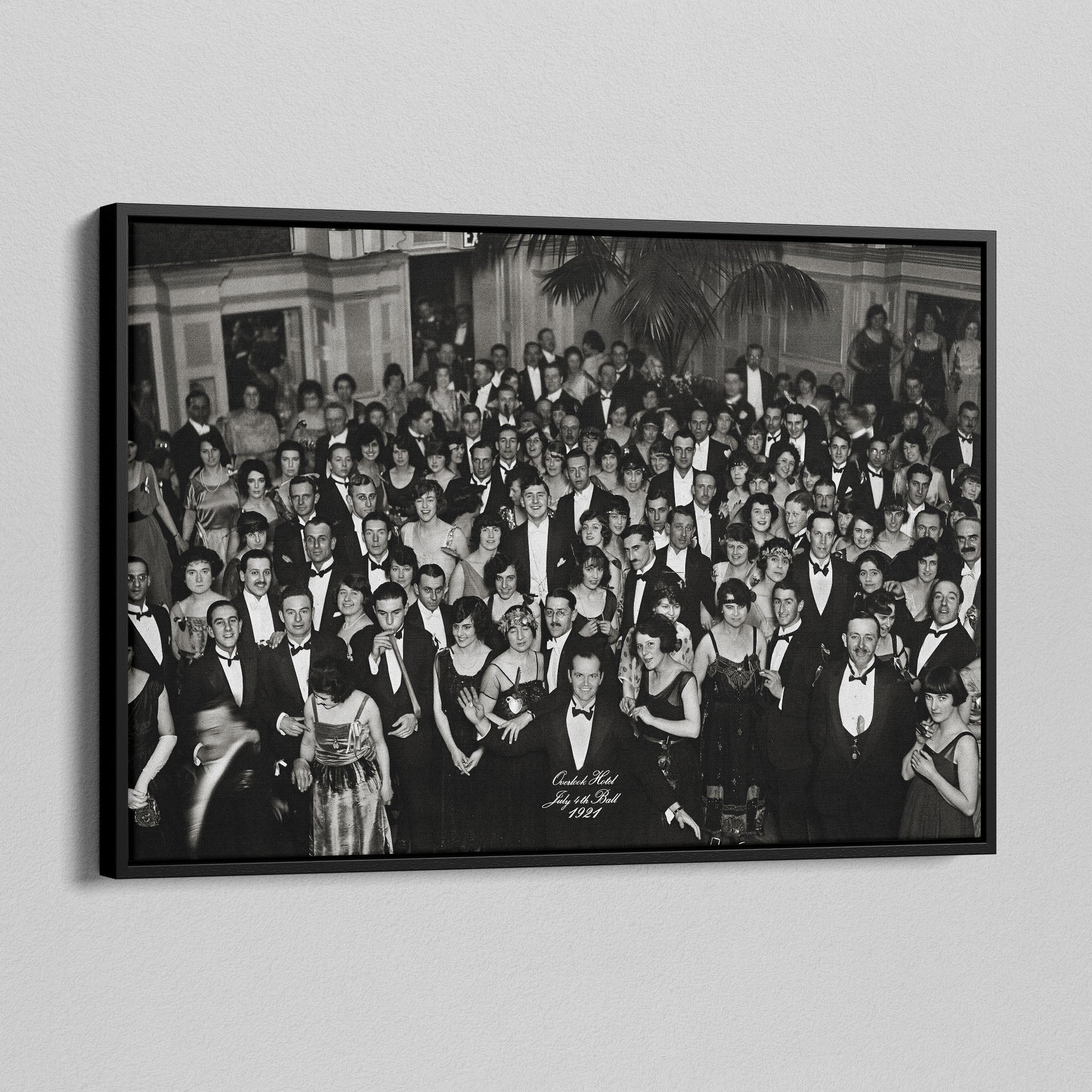Angled view of the Shining Overlook Hotel 1921 black and white canvas in a black floating frame