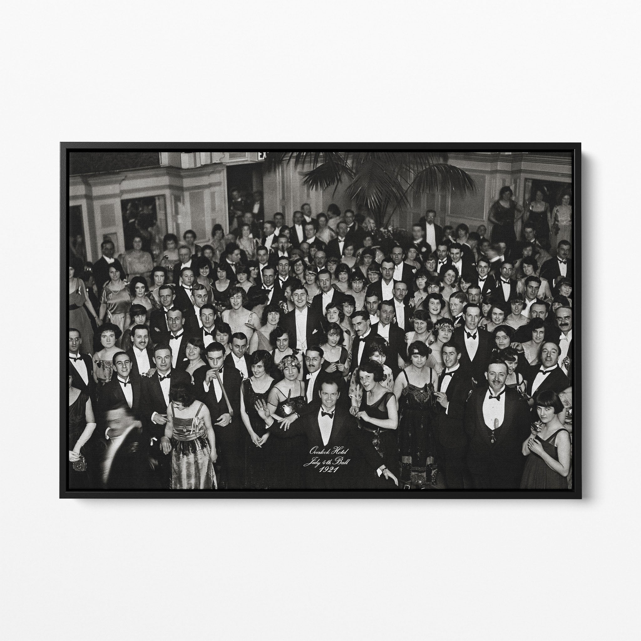Front view of the Shining Overlook Hotel 1921 black and white canvas in a black floating frame