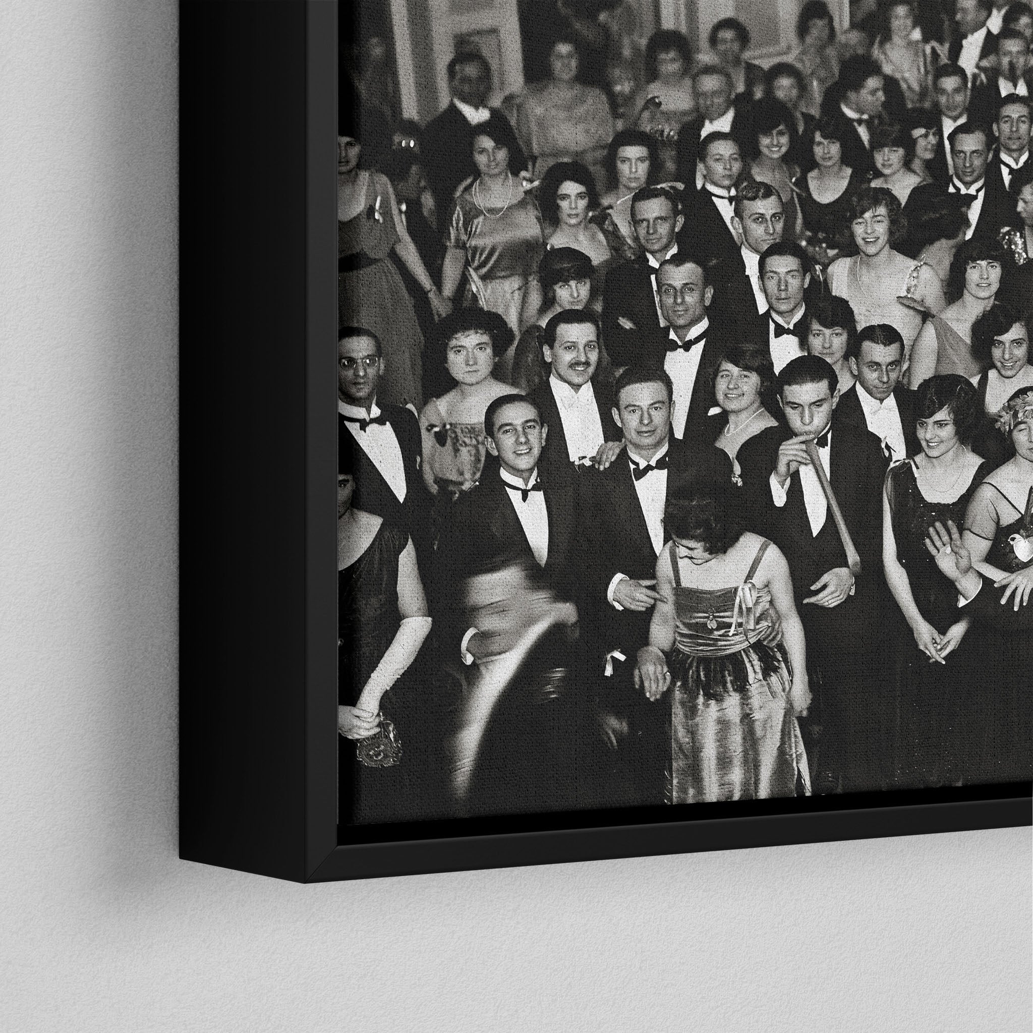Corner close-up of the black floating frame on the Shining Overlook Hotel 1921 black and white canvas