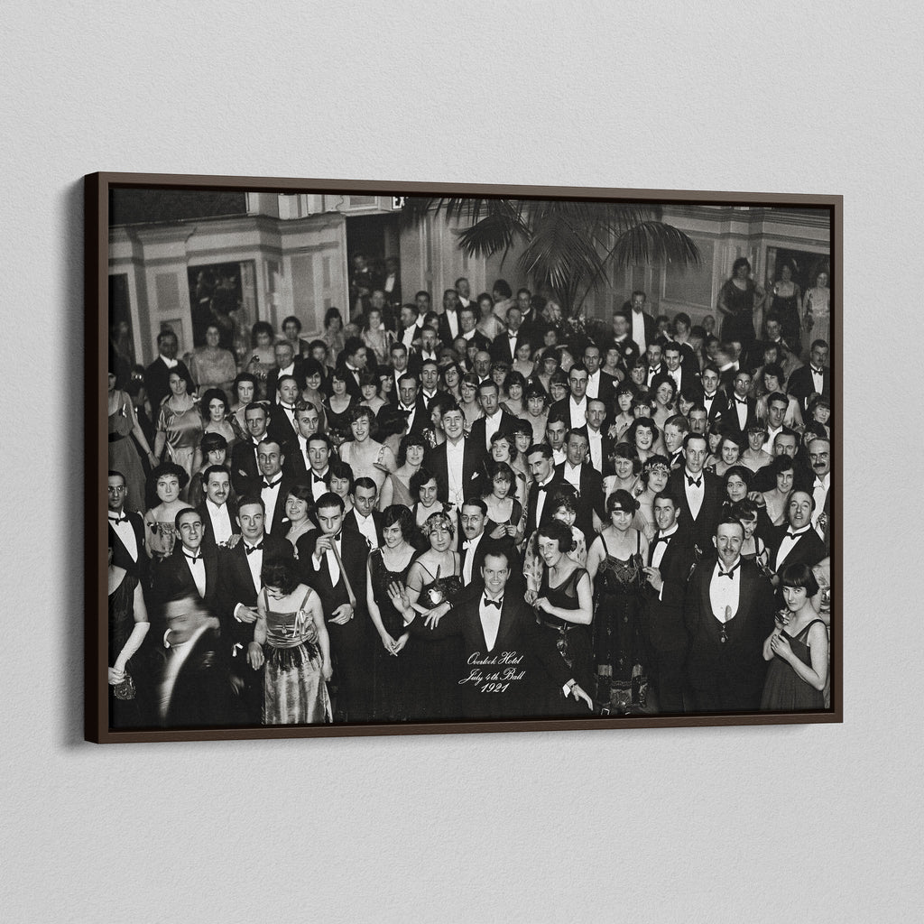 Angled view of the Shining Overlook Hotel 1921 black and white canvas in a dark walnut floating frame