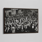 Angled view of the Shining Overlook Hotel 1921 black and white canvas in a dark walnut floating frame