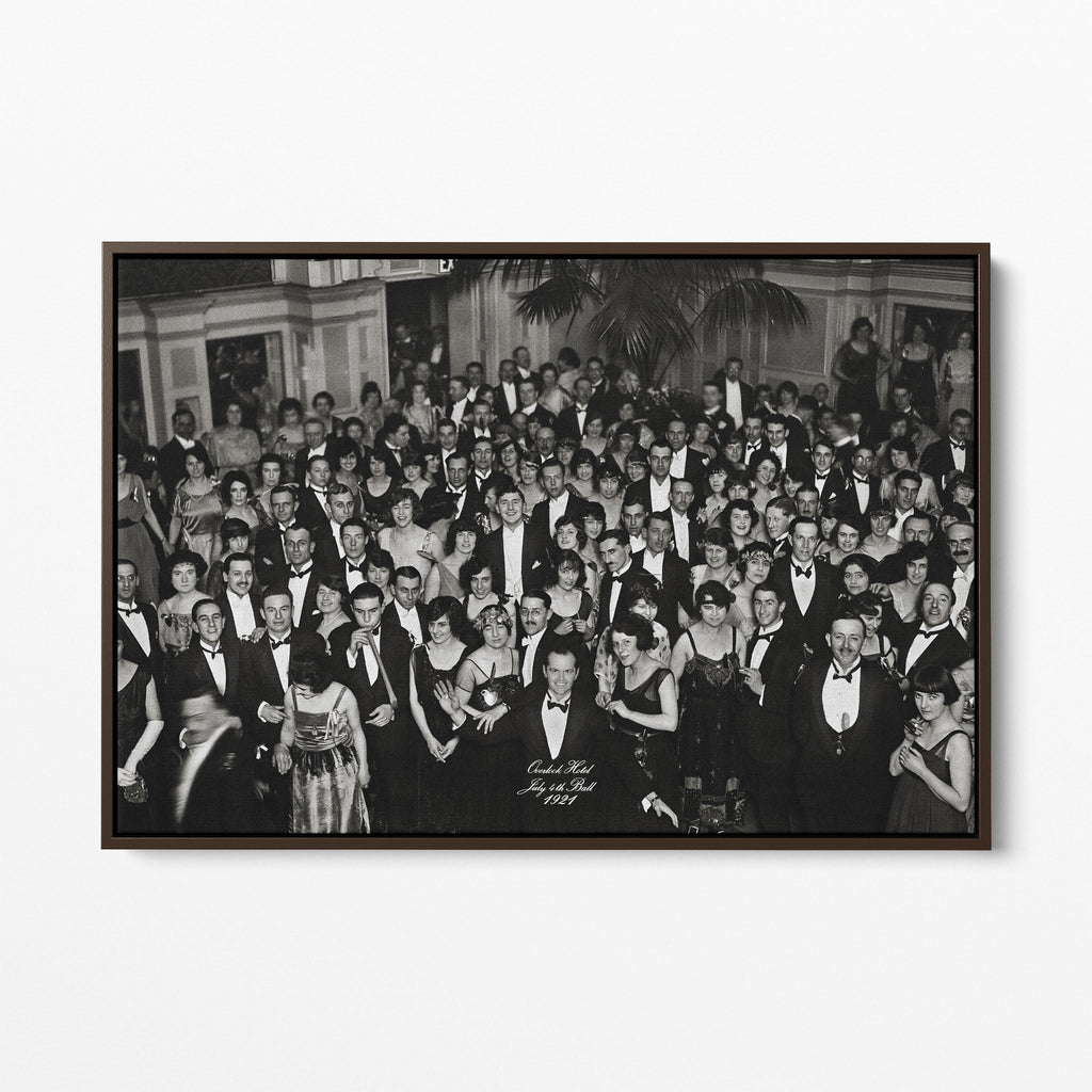 Front view of the Shining Overlook Hotel 1921 black and white canvas in a dark walnut floating frame