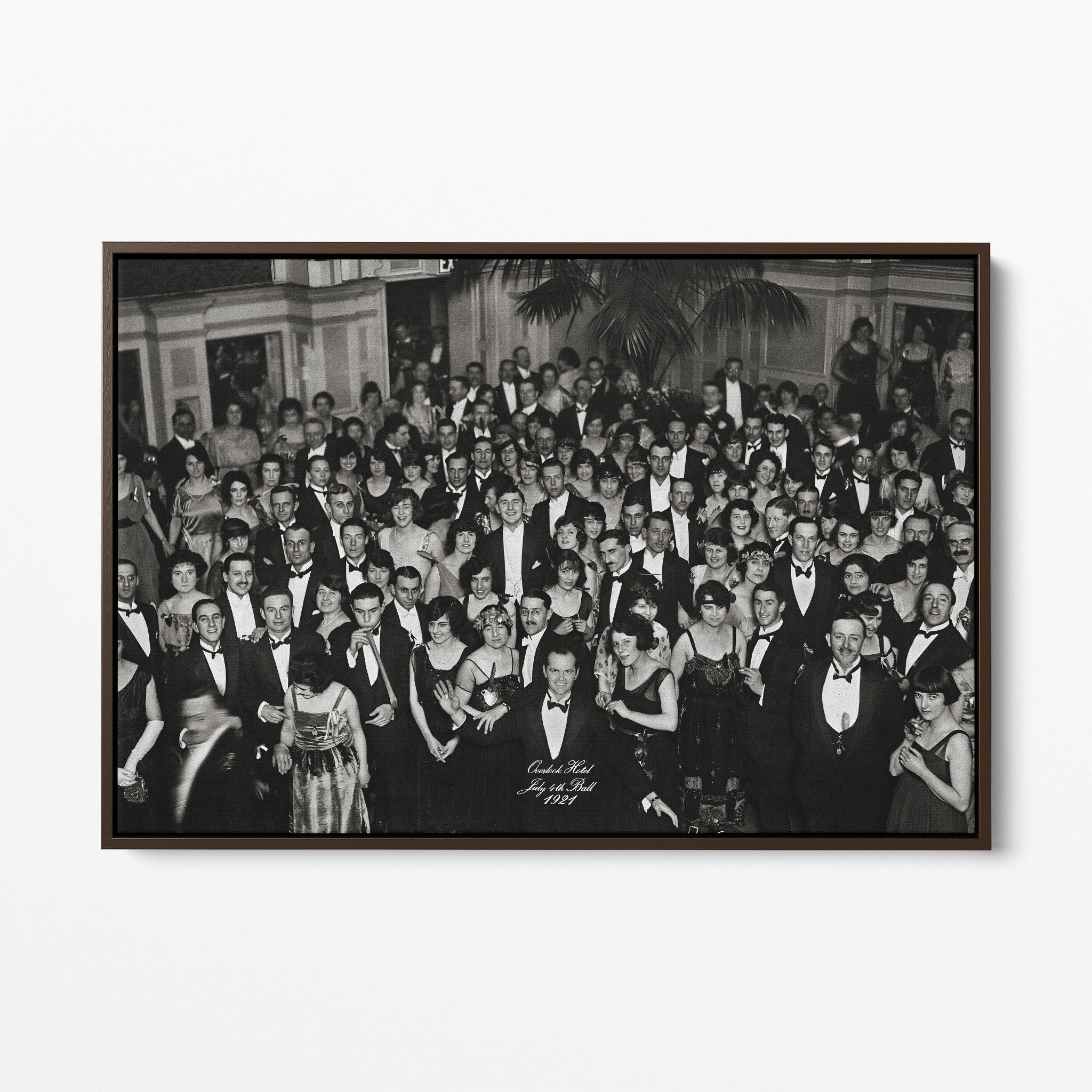 Front view of the Shining Overlook Hotel 1921 black and white canvas in a dark walnut floating frame