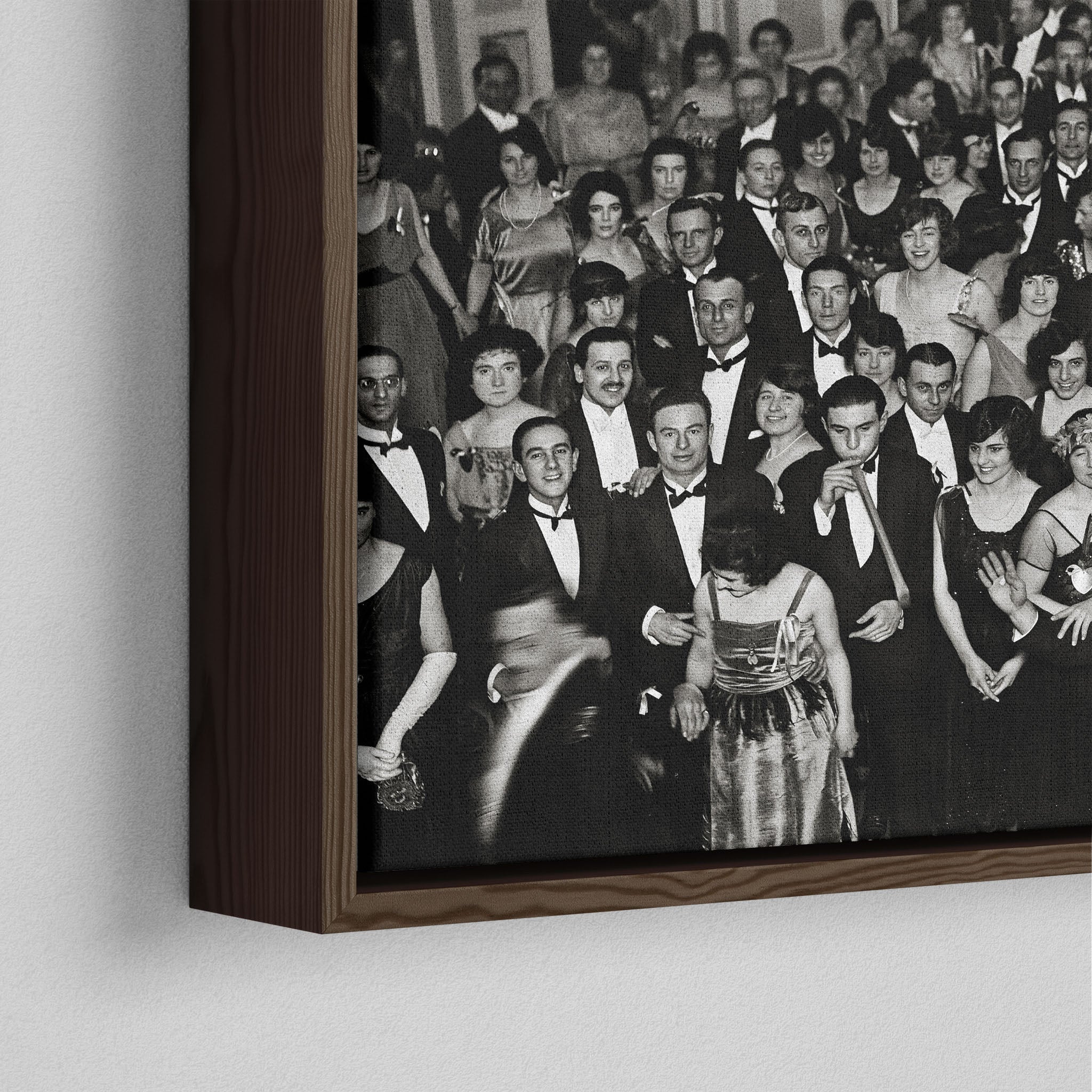 Corner close-up of the dark walnut floating frame on the Shining Overlook Hotel 1921 black and white canvas