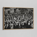 Angled view of the Shining Overlook Hotel 1921 black and white canvas in a natural oak floating frame