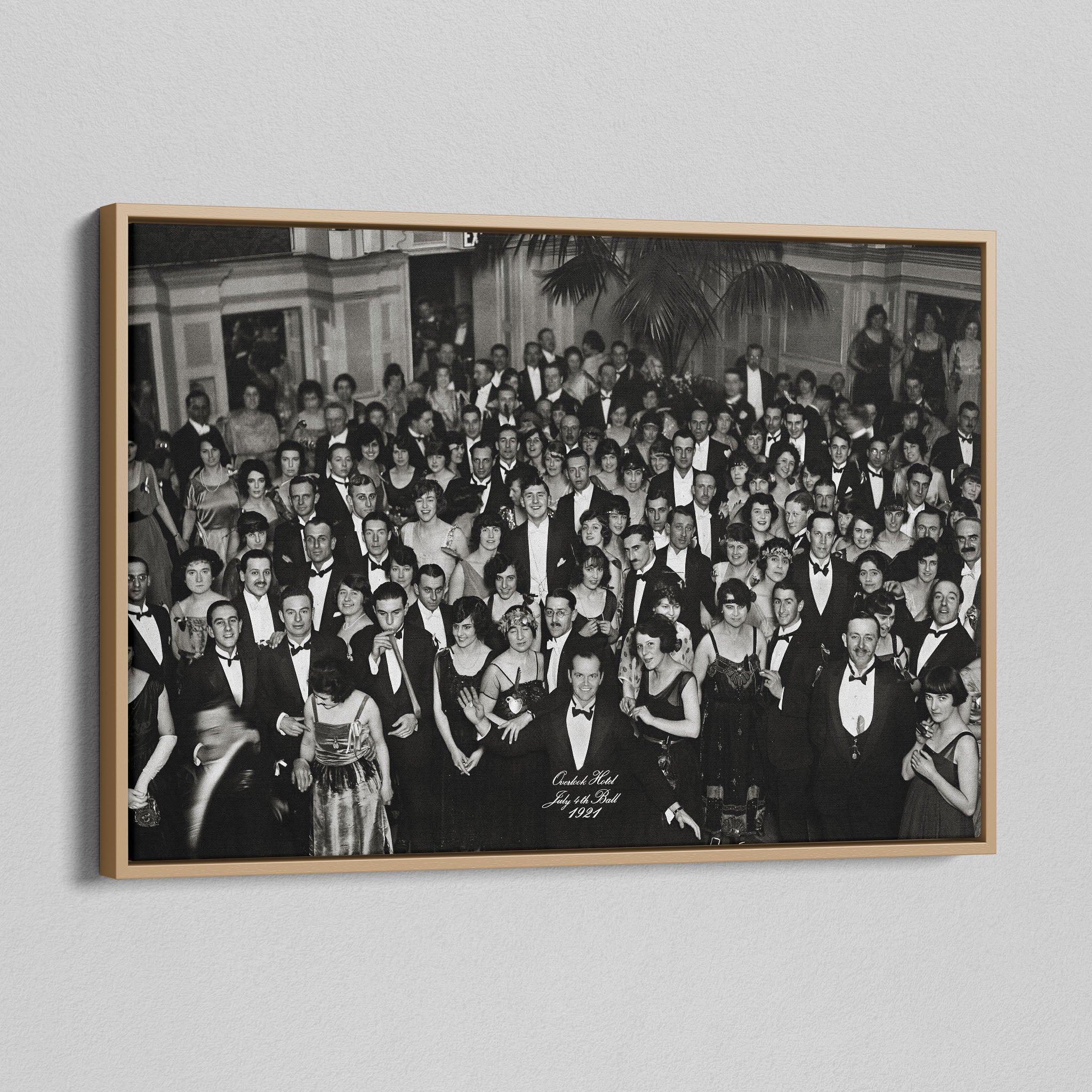 Angled view of the Shining Overlook Hotel 1921 black and white canvas in a natural oak floating frame