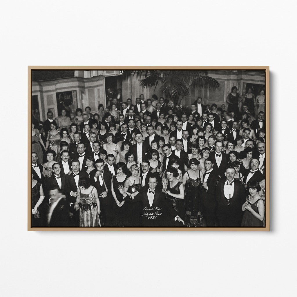 Front view of the Shining Overlook Hotel 1921 black and white canvas in a natural oak floating frame